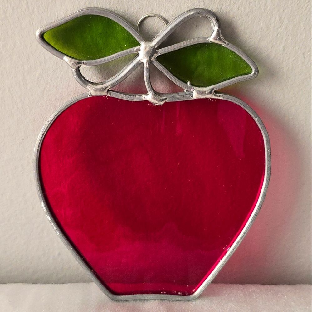 Vintage Stained Glass Red Apple Suncatcher Wall Hanging Ornament